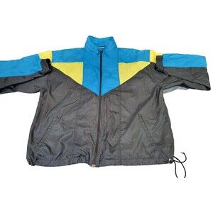 Vintage 90s Cheetah Colorblock Windbreaker Jacket Blue Black Neon Yellow Full
